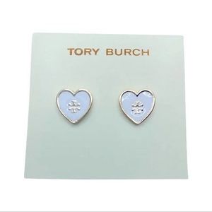 New Tory Burch Gold White Enamel Heart Stud Earings